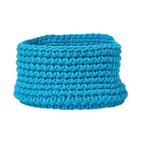 Homescapes Teal Blue Cotton Knitted Round Storage Basket, 37 x 21cm