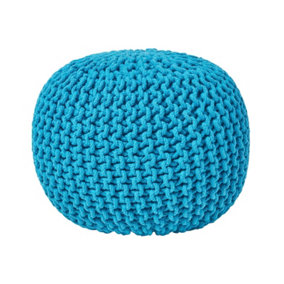 Homescapes Teal Blue Round Cotton Knitted Pouffe Footstool