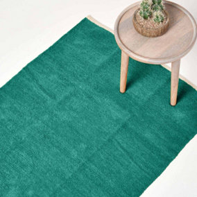 Homescapes Teal Green 100% Cotton Plain Chenille Rug with Natural Trim, 110 x 170 cm