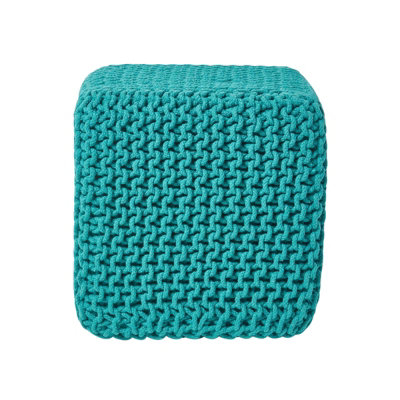 Homescapes Teal Green Cube Cotton Knitted Pouffe Footstool