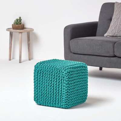 Homescapes Teal Green Cube Cotton Knitted Pouffe Footstool