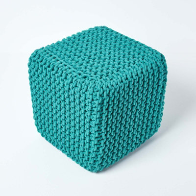 Homescapes Teal Green Cube Cotton Knitted Pouffe Footstool
