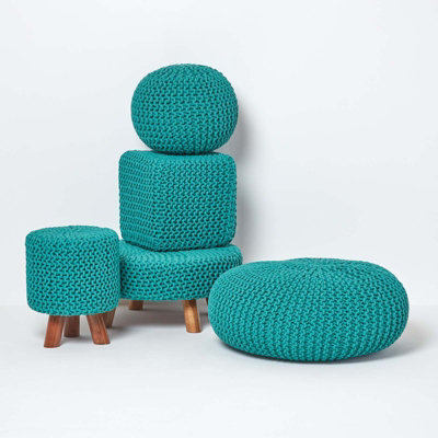 Homescapes Teal Green Cube Cotton Knitted Pouffe Footstool