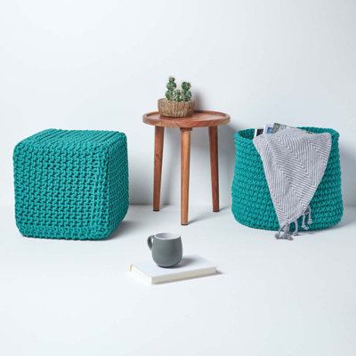Homescapes Teal Green Cube Cotton Knitted Pouffe Footstool