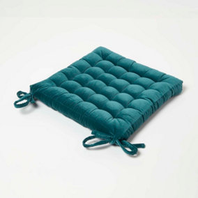 Homescapes Teal Green Quilted Velvet Chair Pad, 40 x 40 cm