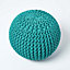 Homescapes Teal Green Round Cotton Knitted Pouffe Footstool