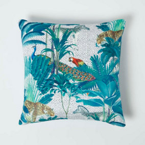 Homescapes Teal Jungle & Parrot Velvet Cushion 46 x 46 cm