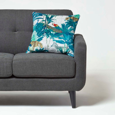 Homescapes Teal Jungle & Parrot Velvet Cushion 46 x 46 cm