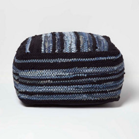 Homescapes Texas Leather & Denim Woven Striped Bean Filled Pouffe, 60 cm