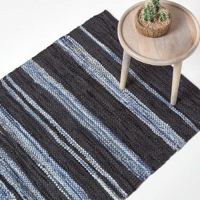 Homescapes Texas Leather & Denim Woven Striped Blue Rug, 160 x 230 cm