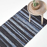 Homescapes Texas Leather & Denim Woven Striped Blue Rug, 66 x 200 cm