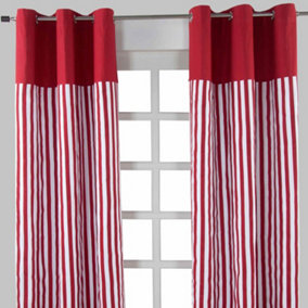 Homescapes Thick Red Stripe Ready Made Eyelet Curtain Pair, 137 x 182 cm Drop