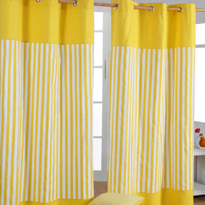 Homescapes Thick Yellow Stripe Ready Made Eyelet Curtain Pair, 137 x 182 cm Drop