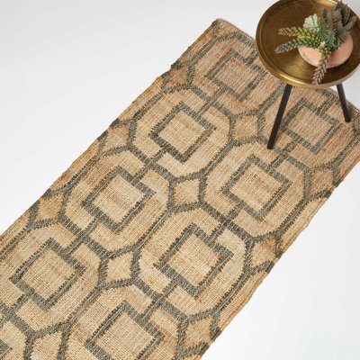 Homescapes Tiran Brown Geometric Handwoven Jute Hallway Runner Rug, 66 x 200 cm