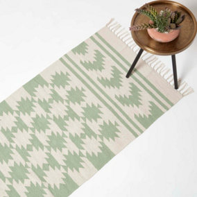 Homescapes Turin Green & Natural Kilim Cotton Hallway Runner Rug, 66 x 200 cm