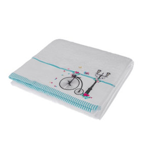 Homescapes Turkish Cotton Embroidered Bicycle White Bath Towel