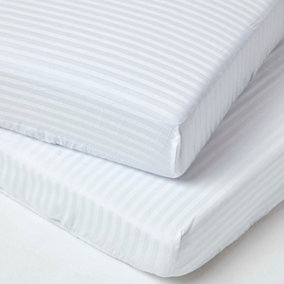 Homescapes White Cotton Stripe Fitted Cot Sheets 330 Thread Count, 2 Pack