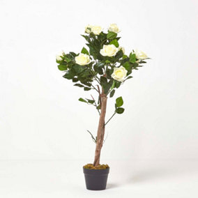 Homescapes White Potted Rose Tree Artificial Plant with lifelike green leaves and single trunk, 90 cm