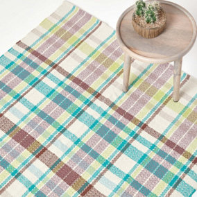 Homescapes Wilson Handwoven Blue, Yellow and Brown Tartan 100% Cotton Rug, 120 x 170 cm