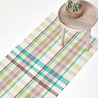 Homescapes Wilson Handwoven Blue, Yellow and Brown Tartan 100% Cotton Rug, 66 x 200 cm