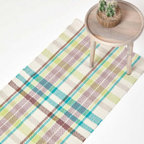 Homescapes Wilson Handwoven Blue, Yellow and Brown Tartan 100% Cotton Rug, 66 x 200 cm