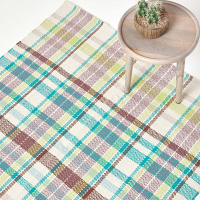 Homescapes Wilson Handwoven Blue, Yellow and Brown Tartan 100% Cotton Rug, 70 x 120 cm