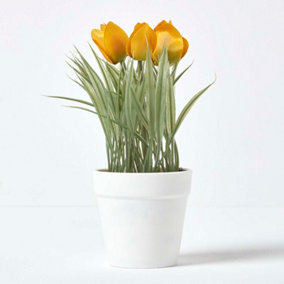 Homescapes Yellow Artificial Tulips in White Decorative Pot, 22 cm Tall