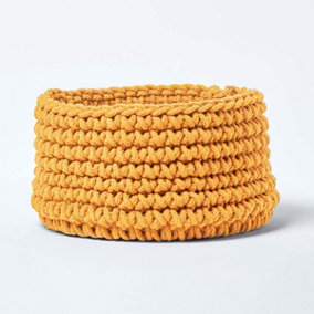Homescapes Yellow Cotton Knitted Round Storage Basket, 37 x 21 cm