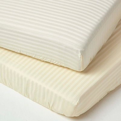 Homescapes Yellow Cotton Stripe Fitted Cot Sheets 330 Thread Count, 2 Pack