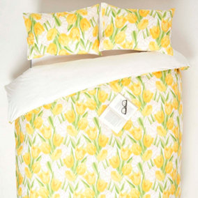 Homescapes Yellow Tulips Digitally Printed Cotton Duvet Cover Set, Super King
