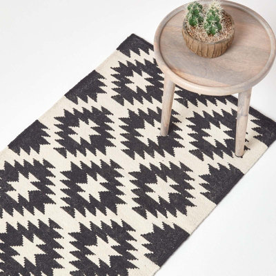 Homescapes Zurich Handwoven Black and White 100% Cotton Geometric Pattern Kilim Rug, 66 x 200 cm