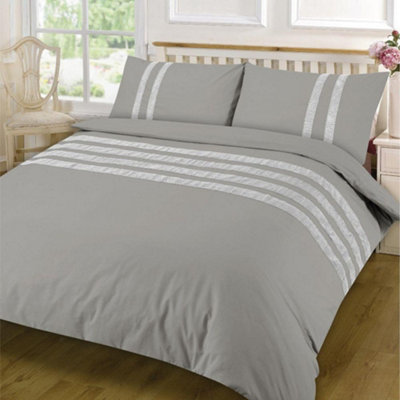 HomeSpace Direct Lace Dia Duvet Cover Set Luxury Double Grey Bedding Set 100% Egyptian Cotton Percale 200 Thread Count