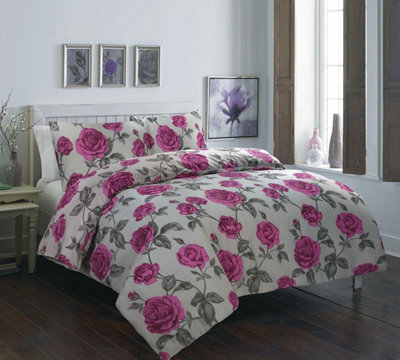 HomeSpace Direct Meadow Grey Duvet Cover Set Floral Themed Super King Bedding Set