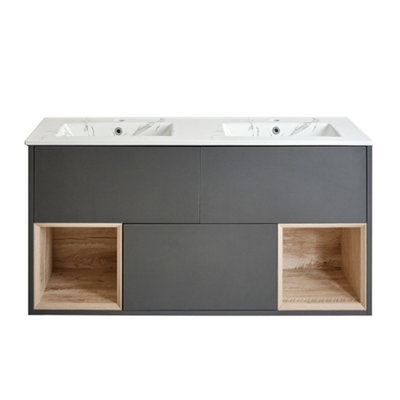 HomeStyleStore 1212mm Black Grey Wall Hung Bathroom Vanity Unit LED Lit ...