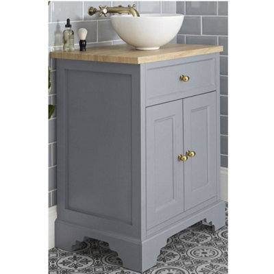 HomeStyleStore 645mm Light Grey and Oak Bathroom Vanity Unit with Round ...