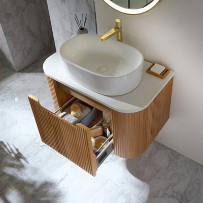 HomeStyleStore 800mm Oak Wall Hung Fluted Bathroom Vanity Unit and Oval ...