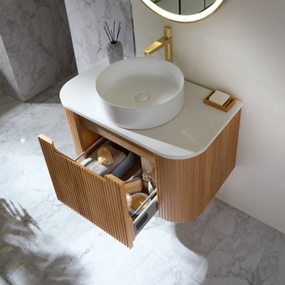 HomeStyleStore 800mm Oak Wall Hung Fluted Bathroom Vanity Unit and ...