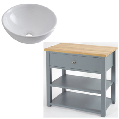 HomeStyleStore 840mm Light Grey and Oak Bathroom Vanity Unit with Round ...