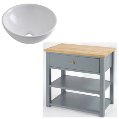 HomeStyleStore 840mm Light Grey and Oak Bathroom Vanity Unit with Round ...