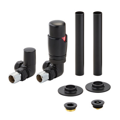 HomeStyleStore Black Corner Heated Towel Rail Thermostatic Lockshield ...