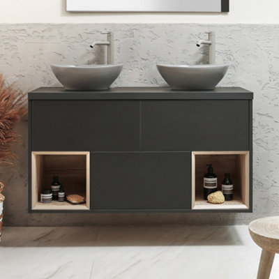 HomeStyleStore Black Grey 1200mm LED Lit Wall Hung Bathroom Vanity Unit ...