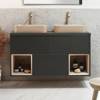 HomeStyleStore Black Grey 1200mm LED Lit Wall Hung Bathroom Vanity Unit ...