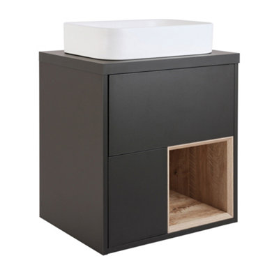 HomeStyleStore Black Grey 594mm LED Lit Wall Hung Bathroom Vanity Unit ...