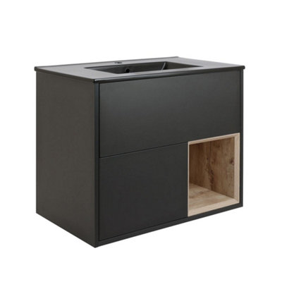HomeStyleStore Black Grey 812mm Wall Hung Bathroom Vanity Unit LED Lit ...
