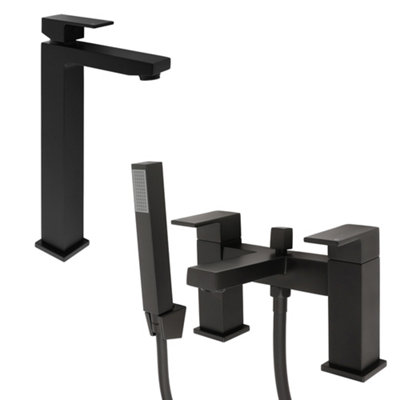 HomeStyleStore Black High Rise Mono Bathroom Basin Mixer Tap and Bath ...