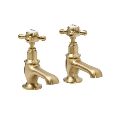 HomeStyleStore Brushed Brass Bathroom Basin Pillar Taps with Crosshead Handles