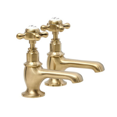 HomeStyleStore Brushed Brass Bathroom Basin Pillar Taps with Crosshead Handles