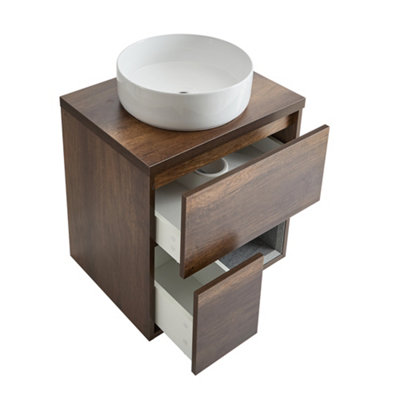HomeStyleStore Dark Oak 600mm Wall Hung Bathroom Vanity Unit with Round ...