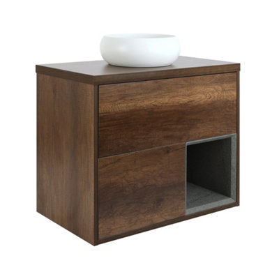 HomeStyleStore Dark Oak 800mm Wall Hung Bathroom Vanity Unit Round ...
