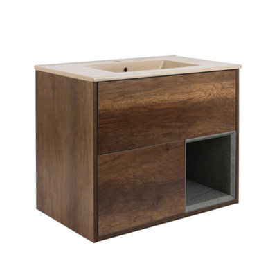 HomeStyleStore Dark Oak 812mm Wall Hung Bathroom Vanity Unit Open Shelf ...